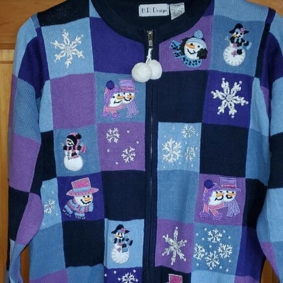 B.P. Design Sz L Blue Embellished & Embroidered Holiday Full Zip Tassel Cardigan - Picture 3 of 12